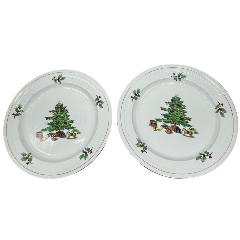 holiday hostess Christmas dinner plate set of 2 tree white gold trim 10.5" READ